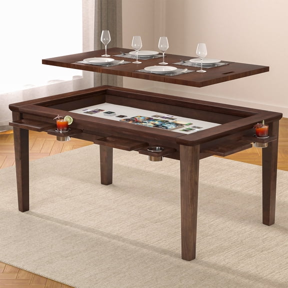 Avocahom Solid Wood Board Game Table for 4–6 with Removable Top, 54" x 31" Gaming Surface, Game Mat, 6 Cup Holders & Hobby Tray – Convertible Gaming and Dining Table for D&D , Card Game and Puzzle