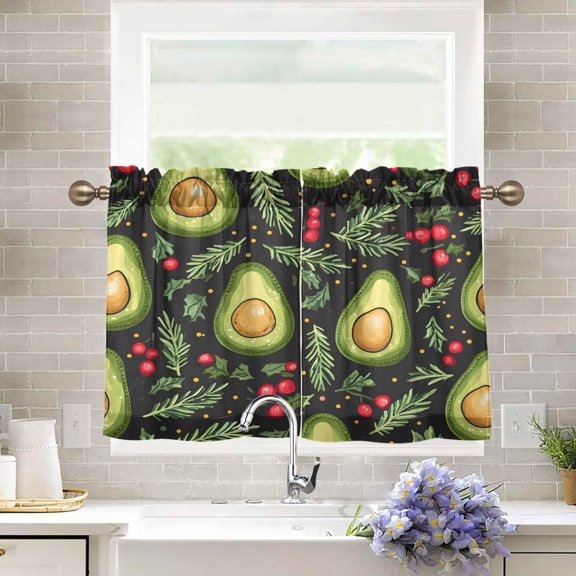 Avocas Berries Black Background Kitchen Curtains Half Tier Curtain 2 Rod Pockets Bathroom Bedroom Cupborad Living Room 27"x24/36"