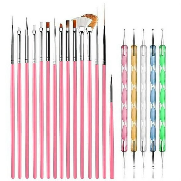 Avoka Drawing UV Polish Brush Tool Kit, 15 pcs Nail Art Brushes Kit with 5 pcs Nail Dotting Pens, Multicolored