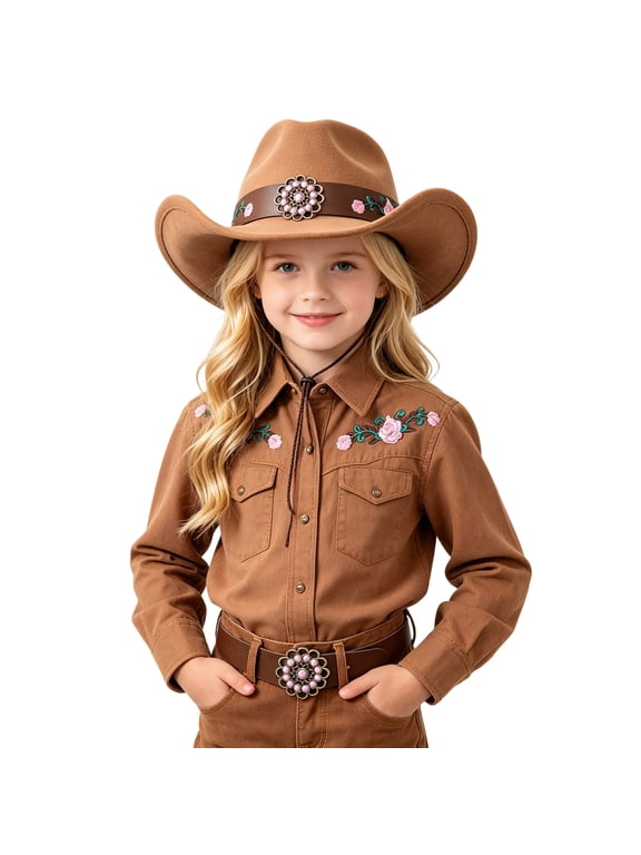 Boys Girls Cowboy Hat Lightweight Polyester Western Rancher Cap Outdoor Farmhouse Play with Wide Brim Brown S