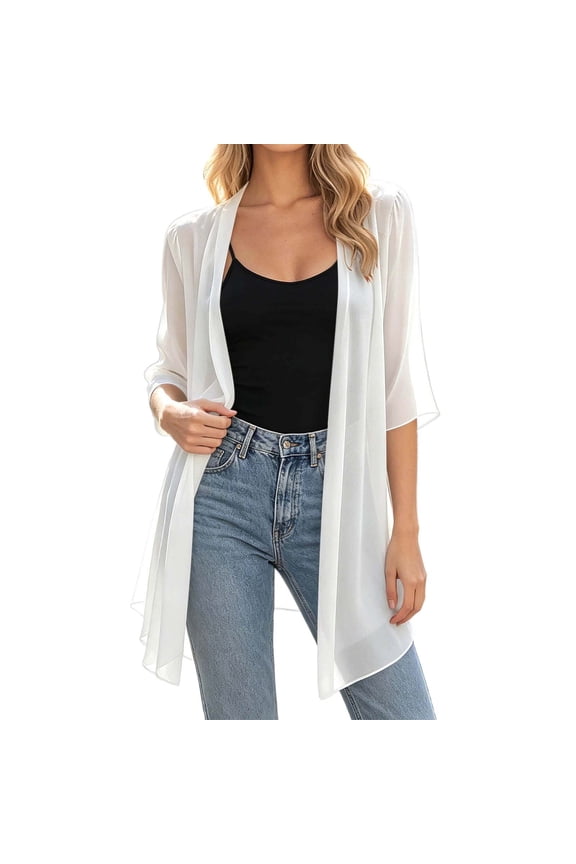 Cardigans For Women Open Front Mid Sleeve Cropped Soft Chiffon Knit Sheer Breathable Lightweight Summer Bridesmaid Outerwear Tops White XXL