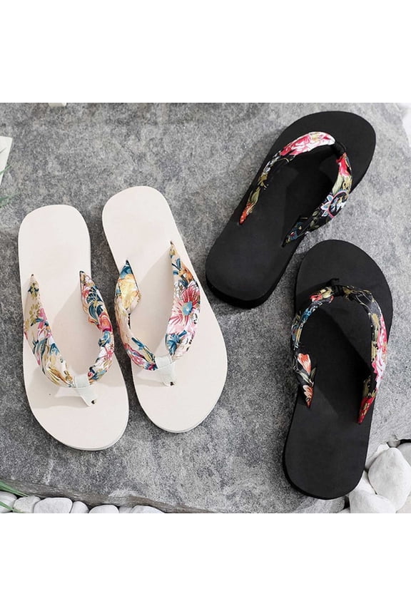 Ladies Summer Flip-Flops Bohemian Satin Ribbon Cushioned EVA Slippers Beige 5