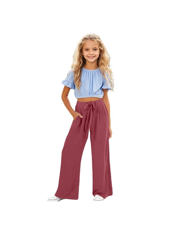 Pants for Girls Wide Leg Loose Fit with Breathable Weave Soft Stretchy Fabric Casual School Everyday Playwear Trousers Red 110