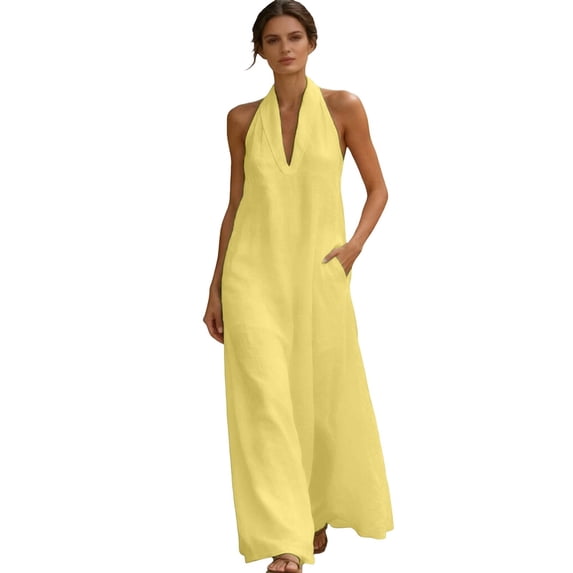 Avolia Plus Size Women Summer Casual Dress Solid Color Breathable Polyester Everyday Outing Wear Yellow XXL