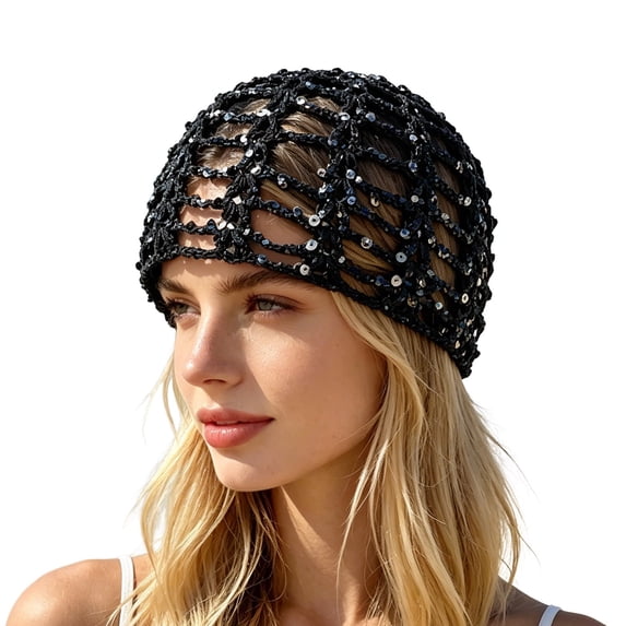Avolia Women Girls Sun Hat Shimmering Sequin Mesh Openwork Breathable Polyester Beach Vacation Travel Black9.18One Size