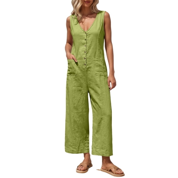 Avolia Women's Button Front Sleeveless Jumpsuit Wide Leg Blend Romper with Pockets