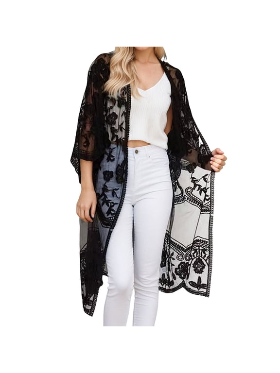 Women's Lace Kimono Cardigan Long Flowy Open Front Beach Cover Up