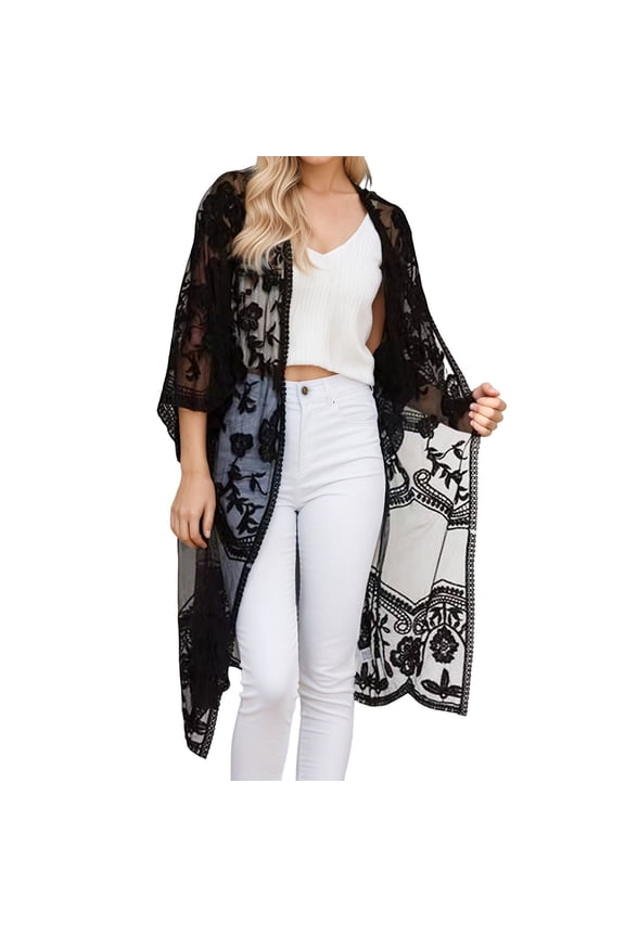Women's Lace Kimono Cardigan Long Flowy Open Front Beach Cover Up