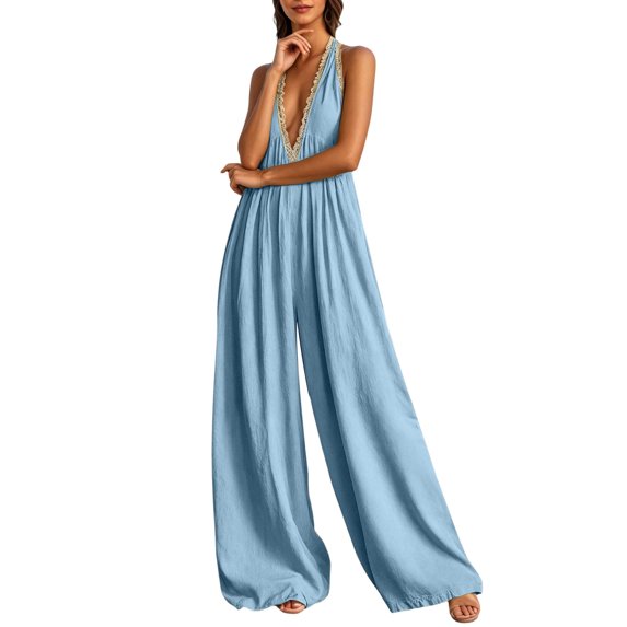 Avolia Women's Lace Linen-Like Jumpsuit Elegant Casual Loose Fit Summer Romper