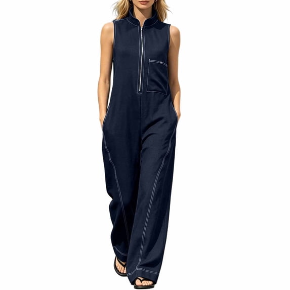 Avolia Women's Stand Collar Sleeveless Jumpsuit Loose Fit Zip Front Casual Summer Romper