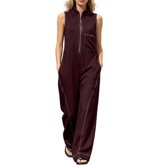 Avolia Women's Stand Collar Sleeveless Jumpsuit Loose Fit Zip Front Casual Summer Romper