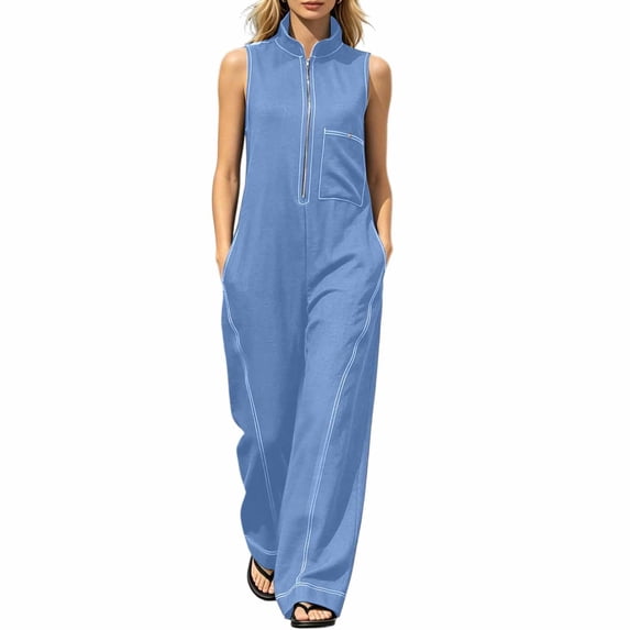 Avolia Women's Stand Collar Sleeveless Jumpsuit Loose Fit Zip Front Casual Summer Romper