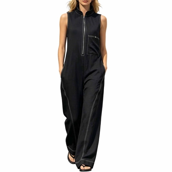 Avolia Women's Stand Collar Sleeveless Jumpsuit Loose Fit Zip Front Casual Summer Romper