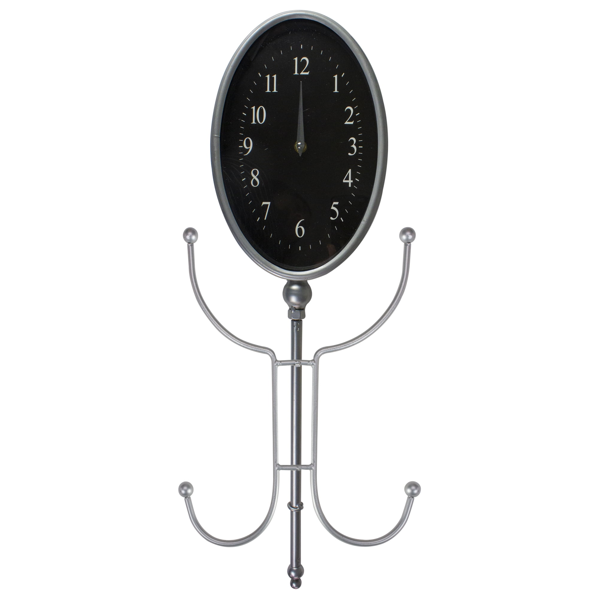 Silver Oval Analog Wall Clock with Dual Metal Hooks