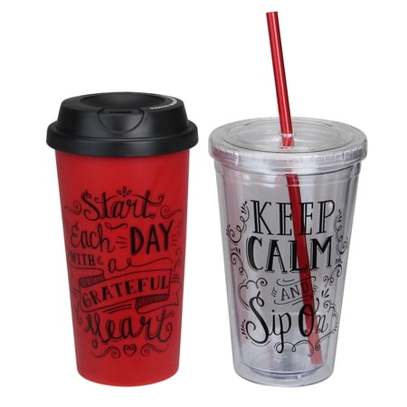 Avon 33537513 6.75 in. Inspirational Accents Tumbler & Travel Mug Set, Red & Black