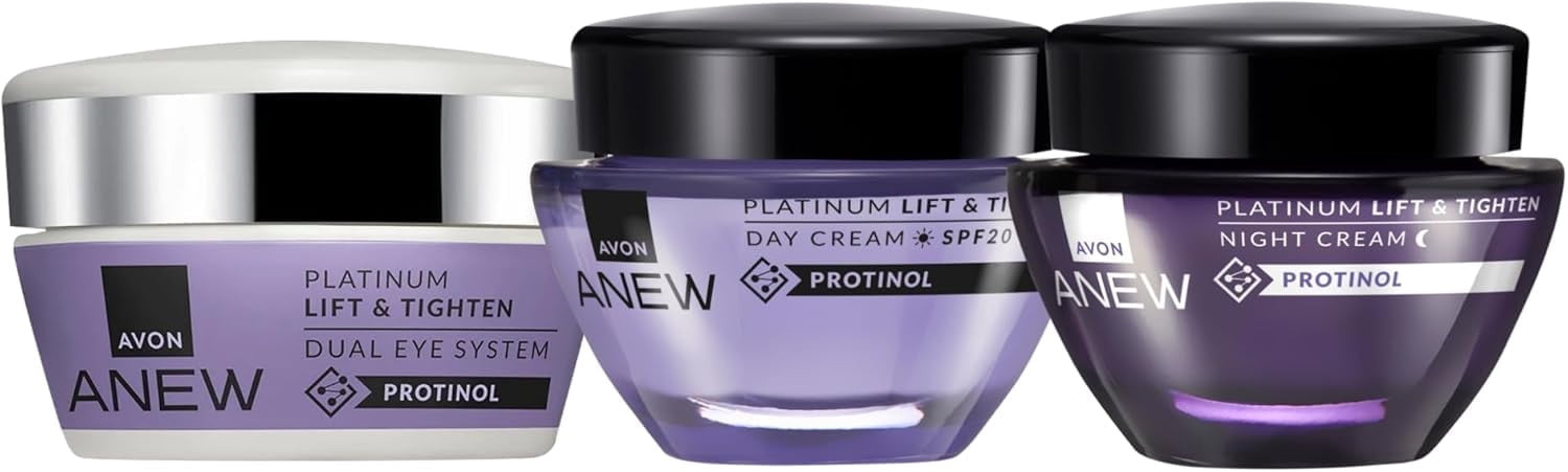 AVON Anew Platinum Set, Day Cream 50ml + Night Cream 50ml + Eye Cream 20ml, Triple Set, To Lift and Tighten Skin, Ultimate Skincare Trio for Age 50+