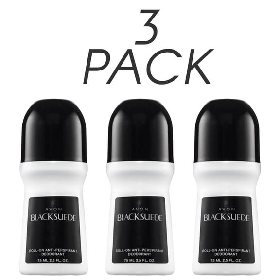 Avon Black Suede Men's Roll-on Deodorant. Non-Whitening, Non-Staining, Quick-Drying Formula. 2.6 Oz / 75 ml. Pack of 3