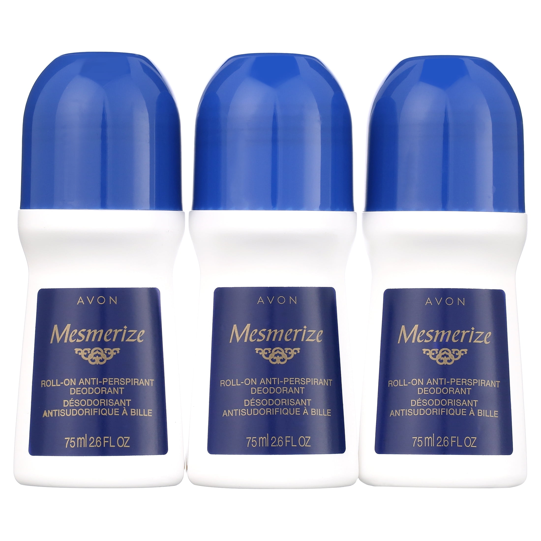 Avon Mesmerize Roll-on Deodorant. For Men. Quick-drying, Non-whitening, Anti-stain formula. 24-Hour Odor and Wetness Protection. 2.6 Fl oz / 75 ml. Pack of 3