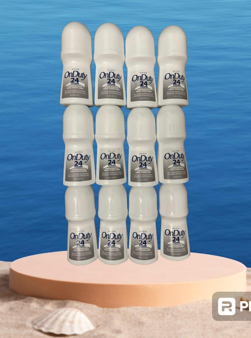 Avon On Duty 24 Hour UNSCENTED NON PERFUM Roll-on Antiperspirants Deodorant 2.6 fl oz 12 Pack