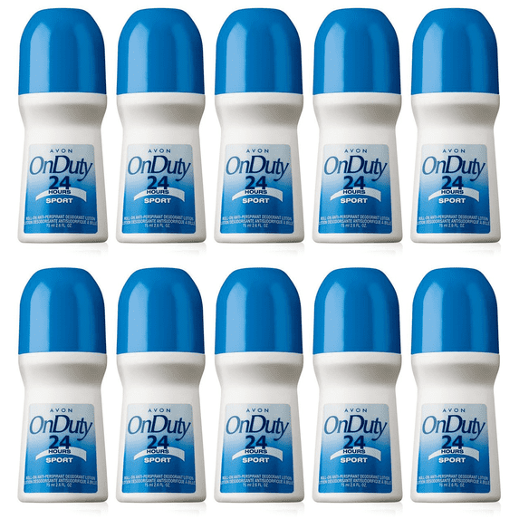 Avon – On Duty Sport 24 Hour Deodorant 2.6 oz./75ml - Roll-On Antiperspirant Deodorant Anti-Whitening - Non-Staining - Quick-Drying Formula - 10 Pack