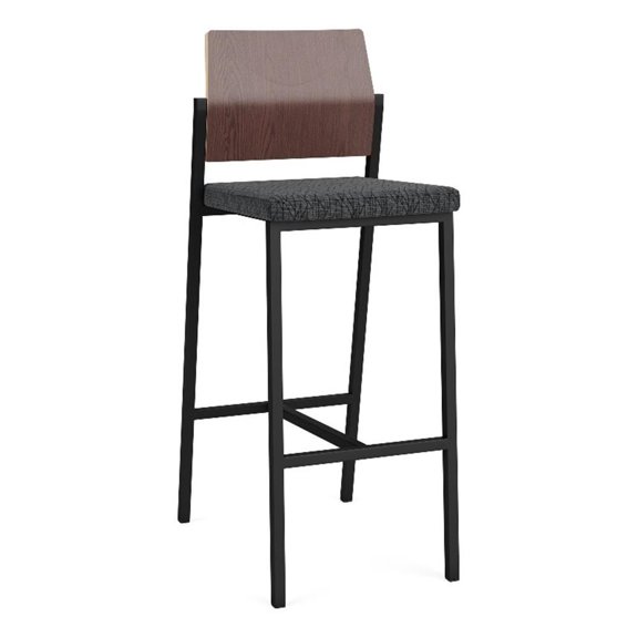 Avon Reception Cafe Stool UPH Seat HPL Back / Black Steel / Walnut / Dark Gray