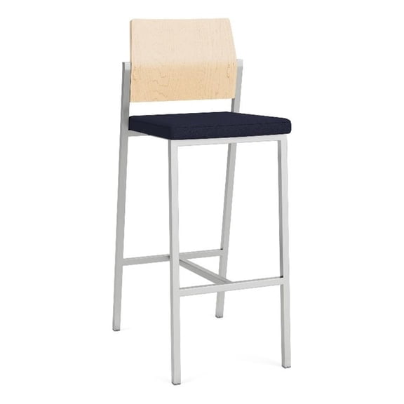 Avon Reception Cafe Stool UPH Seat HPL Back / Silver Steel / Natural / Navy Blue