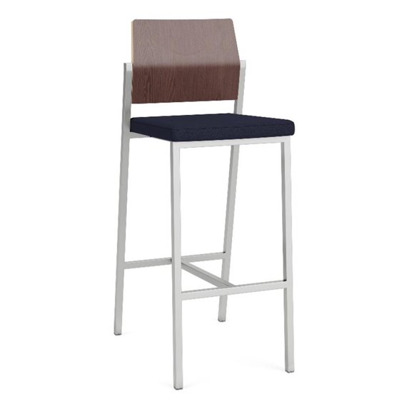 Avon Reception Cafe Stool UPH Seat HPL Back / Silver Steel / Walnut / Navy Blue