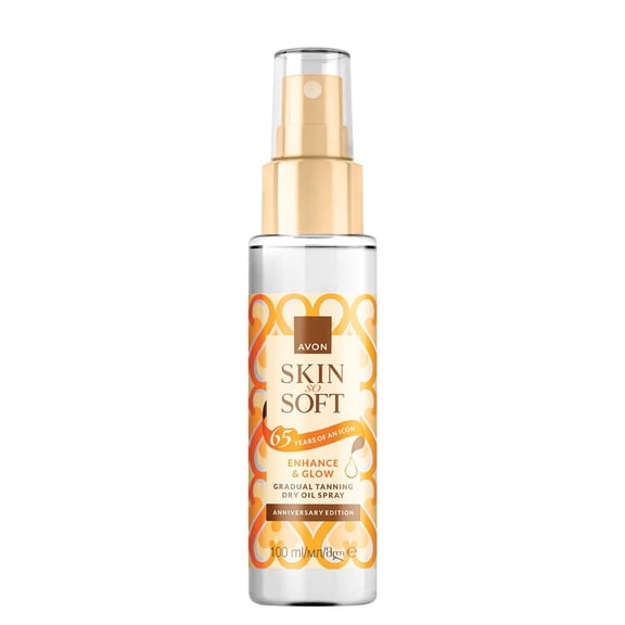 Avon Skin So Soft Enhance & Glow Dry Oil Body Spray, 65th Anniversary Limited Edition Travel Size, Gradual Sunless Tan with Jojoba Oil, Streak-Free Bronzing Glow, 3.38 fl oz (100 ml)