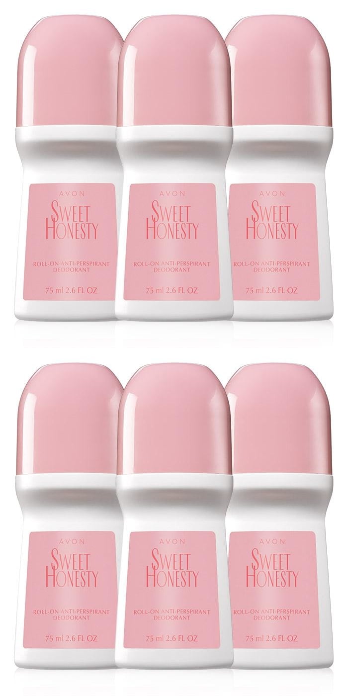 Avon – Sweet Honesty Deodorant 2.6 oz./75ml - Roll-On Antiperspirant Deodorant Anti-Whitening - Non-Staining - Quick-Drying Formula - 6 Pack