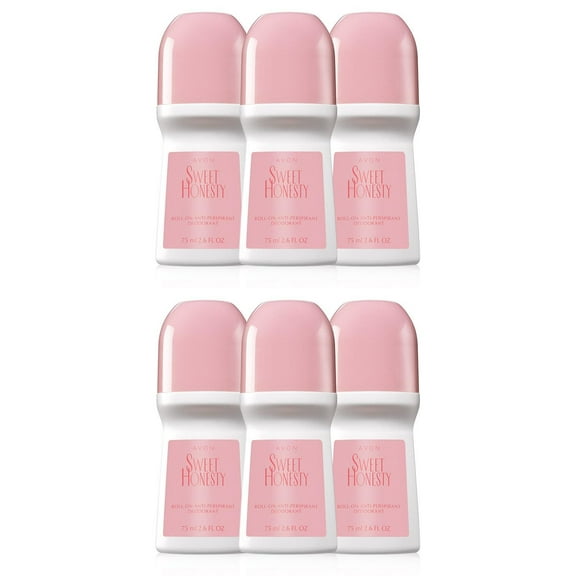 Avon Sweet Honesty Deodorant 2.6 oz./75ml - Roll-On Antiperspirant Deodorant Anti-Whitening - Non-Staining - Quick-Drying Formula - 6 Pack