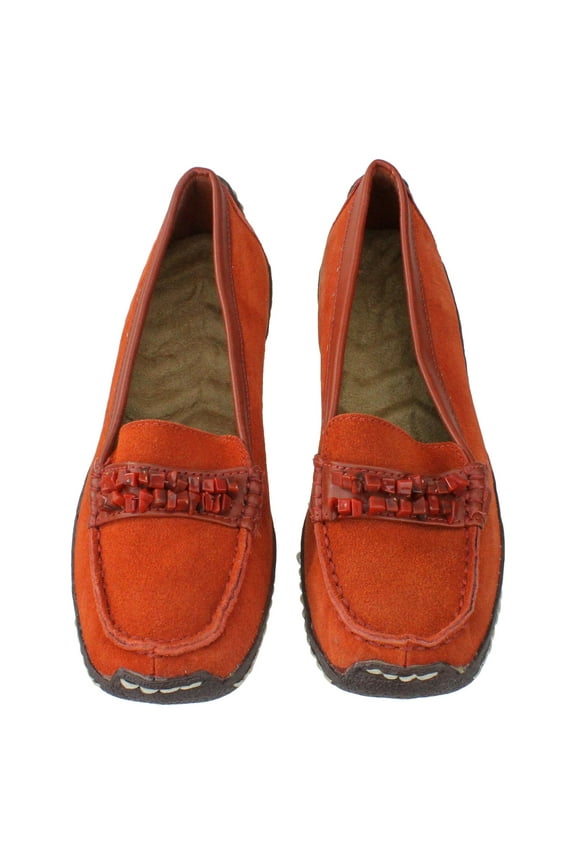 Women's Orange Suede Cushion Wedge Shoes with Stone Strap Accent - Size 6