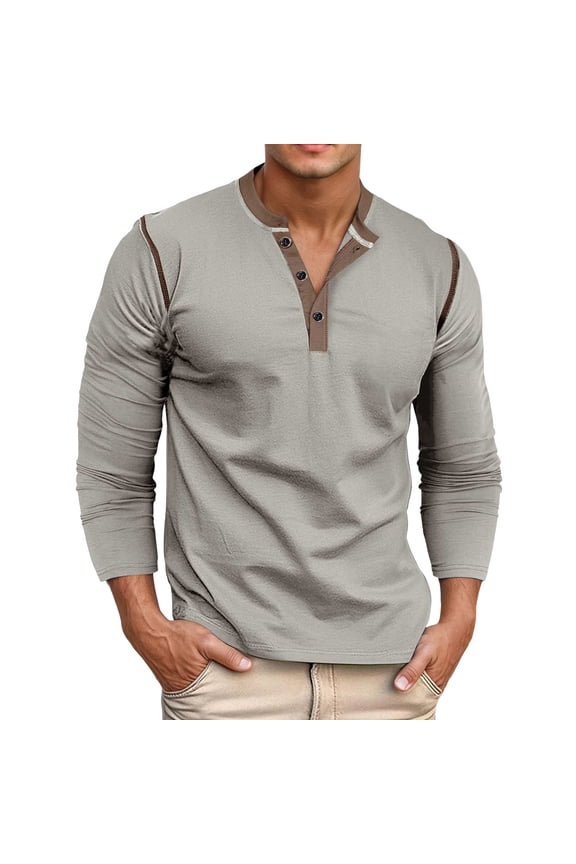Polo Shirts for Men Long Sleeve Button Down T Shirts Crew Neck Casual Basic Tee Shirt Men's Fashion, Light Gray Size M