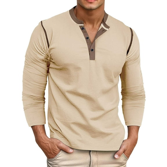 AvonTall Polo Shirts for Men Long Sleeve Cotton Shirts Crew Neck Casual Basic Tee Shirt Workwear, Beige Size L