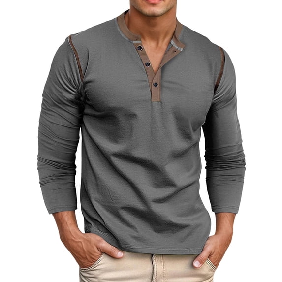 AvonTall Shirts for Men Long Sleeve Button Up Dress Shirts Crew Neck Casual Basic Tee Shirt Spring Fall Clothes, Dark Gray Size XXXL