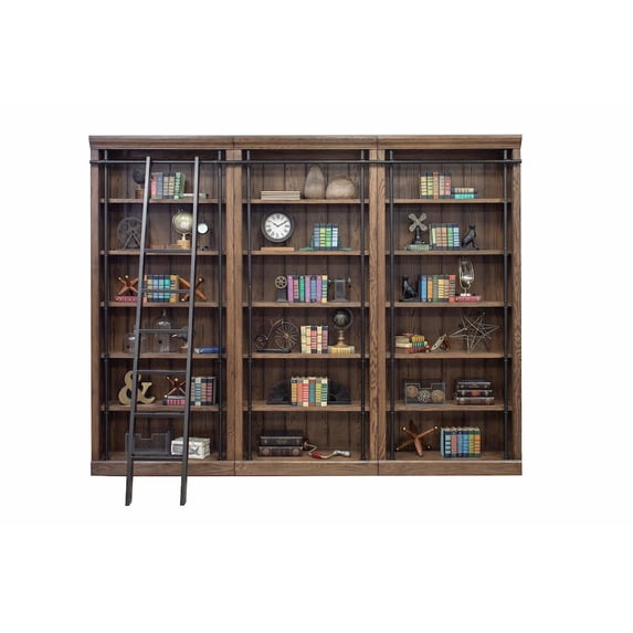 Avondale 8' Tall Bookcase Wall With Ladder Storage Organizer Display Brown