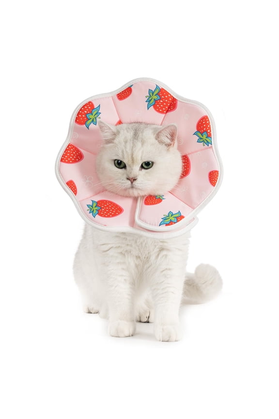 Soft Cat Recovery Cone Collar, Adjustable Lightweight Kitten E-Collar for Small Dogs, Comfortable Neck Donut Stop Licking Scratching After Surgery -Strawberry(XS)