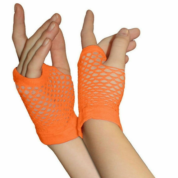 Avosezu 80's Punk Black Fingerless Fishnet Short Gloves Women Halloween Fingerless Gloves Ladies Girls Short Mesh Fishnet Gloves Hen Night Party Wear Gloves (Orange,One Size)