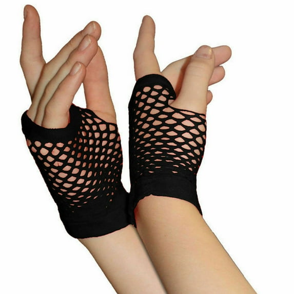 Avosezu 80's Punk Black Fingerless Fishnet Short Gloves Women Halloween Fingerless Gloves Ladies Girls Short Mesh Fishnet Gloves Hen Night Party Wear Gloves (Black,One Size)