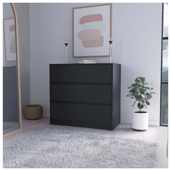 Avra 3 Drawer Dresser, Manufactured Wood Top and Front Chest of Drawers Black + Bedroom + Modern + Melamine + Particle Board
