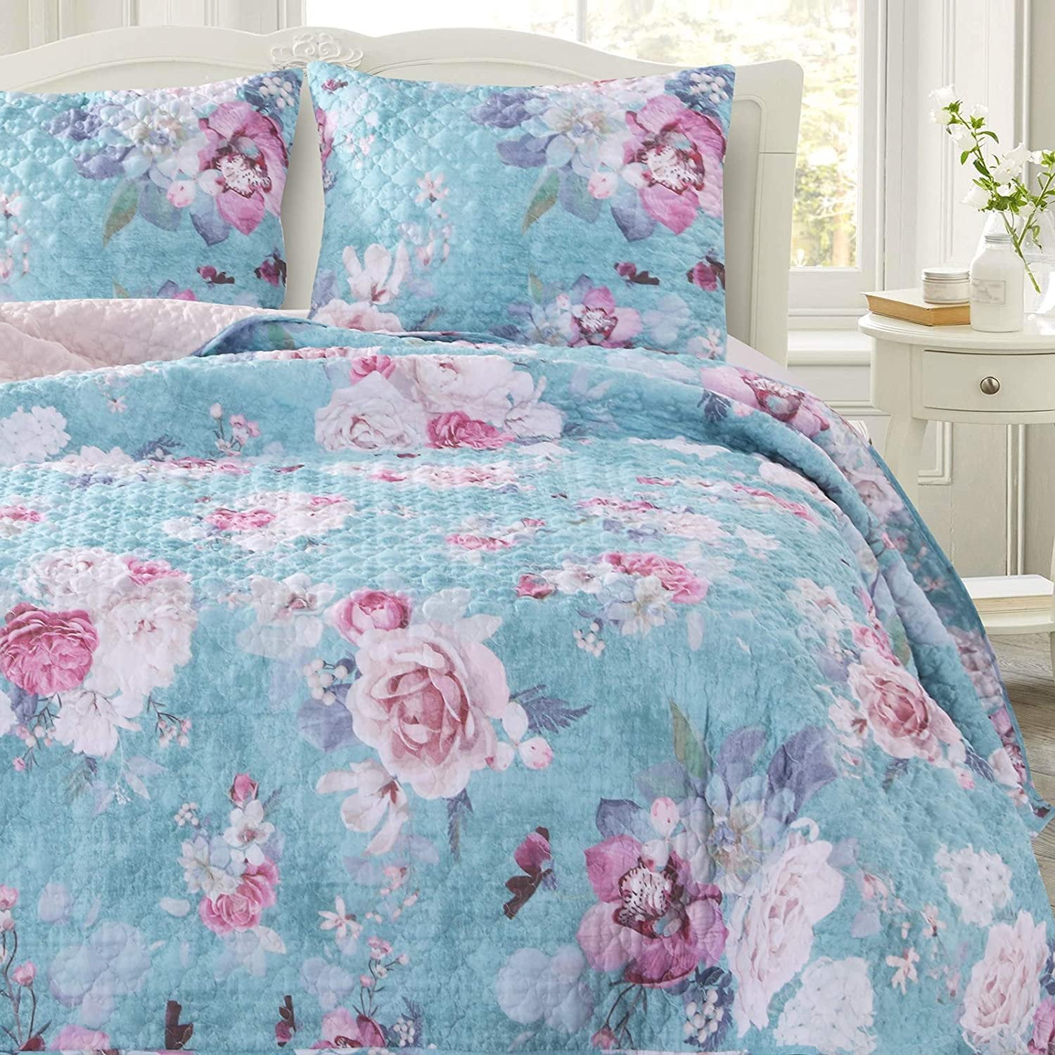Blush and Turquoise Floral Microfiber Twin Quilt Set
