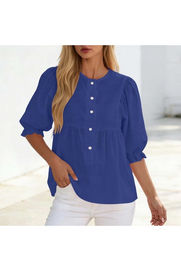 100% Cotton Womens Puff Sleeve Blouse Blue Elbow Ruffle Cuff Round Neck Partial Button Down Boho Flowy Peplum Waist,Size L
