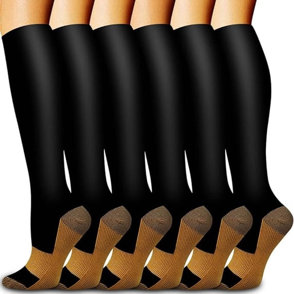 Avrnliq 6 Pack Knee-High Compression Socks for Women, Black - Leg Support & Fatigue Relief, Non-Slip Nylon Spandex, All-Day Comfort for Standing/Travel/Running,Size L