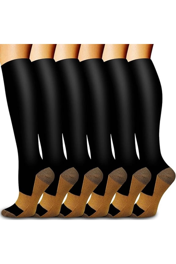 6 Pack Knee-High Compression Socks for Women, Black - Leg Support & Fatigue Relief, Non-Slip Nylon Spandex, All-Day Comfort for Standing/Travel/Running,Size L