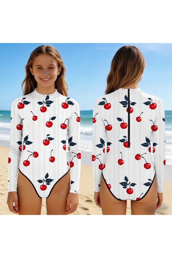 Adorable Cherry Print Kids One Piece Swimsuit Long Sleeve High Neck Modest Rash Guard Bathing Suit for Girls,Size 9-10 T
