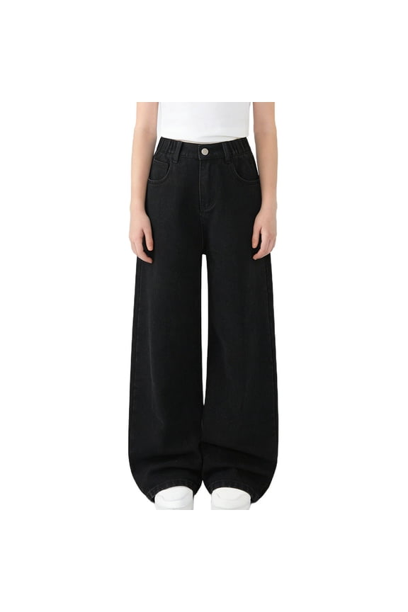 Black Kids High Waisted Wide Leg Denim Jeans, Durable Adjustable Waist Casual Pants for Boys Girls Ages 4-12,Size 8-9T