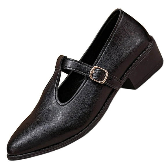 Avrnliq Black Mary Jane Flats for Women Pointed Toe Low Heel Vegan Faux Leather Buckle Strap Work Casual Shoes,Size 36
