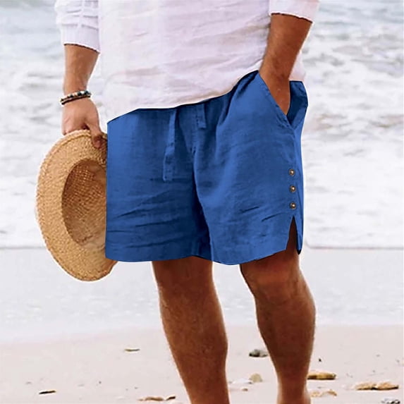 Avrnliq Blue Linen Casual Shorts for Men, Drawstring Elastic Waist Mid-Thigh, Quick Dry with Side Pockets, Big & Tall S-XXXXXL