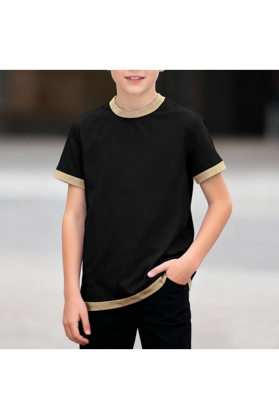 Boys' 100% Cotton Ringer T-Shirt, Black Crew Neck Short Sleeve Tee with Gold Ribbed Trim, Sizes 110-160 for Kids 4-14 Years,Size 7 T