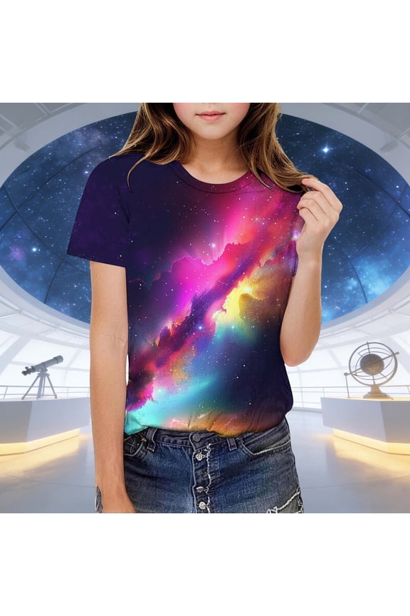 Boys Girls Galaxy Print Graphic Tee, Short Sleeve Crew Neck Soft Stretch T-Shirt for Boys Girls 5-14 Years Old,Size 3 T