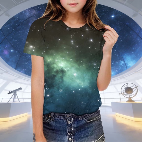 Avrnliq Boys Girls Galaxy Print Short Sleeve T-Shirt, Crew Neck Slim Fit Soft Stretch Cosmic Tee for Boys Girls 5-14,Size 7 T
